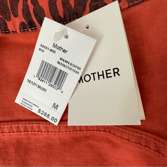 NWT MOTHER Puffy Bruiser Scooter Radioactive Paws Leopard Orange denim Jacket M - Picture 9 of 16